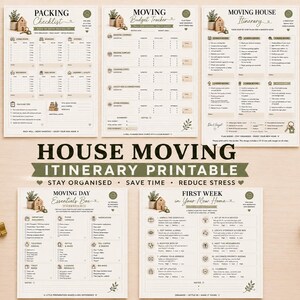May include: A set of five printable house moving documents featuring a Packing Checklist, Moving Budget Tracker, Moving House Itinerary, Moving Day Essentials Box, and First Week in Your New Home planner, all with a beige and green colour scheme.