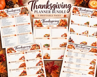 May include: A Thanksgiving planner bundle consisting of five printable pages featuring checklists, menu planners, shopping lists, and itineraries. Each page is decorated with autumn-themed illustrations of pumpkins, fall leaves, and roasted turkey.