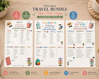 May include: A printable travel bundle featuring three A4 checklists titled Adult Holiday Packing List, Children's Holiday Packing List, and Things to Buy & Do Before Holiday. Each list includes categorized checkboxes, colorful travel icons, and text.