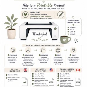 May include: A digital instruction sheet for a printable product featuring a white printer, a potted plant, and a coffee mug. The text includes Thank You, This is a Printable Product, How to Download Your Printable, and printing guides for US Letter.