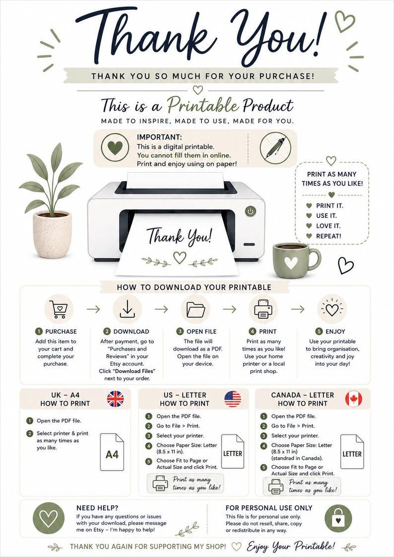 May include: A digital instruction sheet for a printable product featuring a white printer, a potted plant, and a coffee mug. The text includes Thank You, This is a Printable Product, How to Download Your Printable, and printing guides for US Letter.