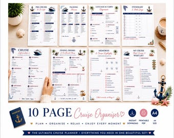 May include: A 10-page cruise planner set featuring printed checklists and organizers for pre-cruise tasks, packing, luggage, itineraries, dining, and memories. The pages include nautical graphics like anchors, ships, and palm trees in blue and pink.