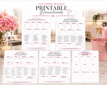 May include: A cleaning bundle of five printable downloads featuring weekly cleaning schedules and a weekly goals sheet. Each document is printed on white paper with pink text and accents, including checkboxes and headers like This Week's Cleaning Schedule.