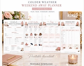 May include: A set of four printable planner sheets titled Colder Weather Weekend Away Planner, including a packing checklist, itinerary, and budget planner. The pages feature soft pink and brown illustrations of winter clothing and hot drinks.