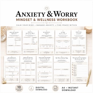 May include: A digital workbook titled Anxiety & Worry Mindset & Wellness Workbook with 10 printable pages. The pages feature sections for tracking feelings, identifying triggers, and planning for wellness, all in a neutral beige and black colour scheme.