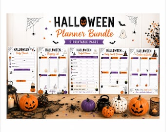 May include: A Halloween planner bundle featuring five printable pages with orange, purple, and black graphics including pumpkins, ghosts, and spiders. The pages are titled Party Planner, Shopping List, Budget Planner, Party Food & Drinks, and Countdown & Checklist.