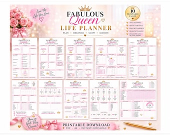 May include: A set of 10 printable pages for the Fabulous Queen Life Planner, featuring pink and gold text, crown icons, and floral accents. The pages include sections for self-care, goal setting, habit tracking, and affirmations in A4 format.