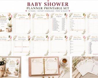 May include: A 12-page baby shower planner printable set featuring a teddy bear, balloons, and floral accents. The pages include a to-do list, budget planner, guest list, gift tracker, menu planner, games, decoration ideas, thank you notes, and word scramble.