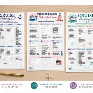 May include: Three printable cruise packing list pages featuring checklists for travel documents, clothing, footwear, toiletries, electronics, and cruise essentials. The documents include headers like Cruise Packing List and Things to Do & Buy Before the Cruise with nautical icons and text.