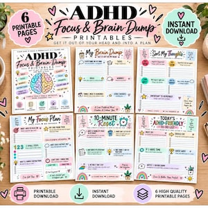 Könnte beinhalten: Ein Set aus sechs druckbaren Seiten für ADHS-Fokus und Brain-Dump mit farbenfrohen Überschriften, Checklisten und Aufforderungen. Die Blätter enthalten Titel wie My Brain Dump, Sort My Thoughts, My Focus Plan, 10-Minute Reset und Today's ADHD-Friendly To-Do List.