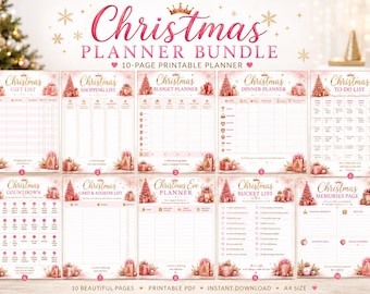 May include: A 10-page Christmas Planner Bundle printable set in pink and gold. Pages include a gift list, shopping list, budget planner, dinner planner, to-do list, countdown, card and address list, Christmas Eve planner, bucket list, and memories page.