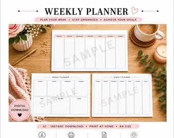 May include: Three weekly planner templates with black text and lines on white paper. The top sheet has seven vertical columns for days of the week. The bottom sheets show two different layouts, one with seven columns and one with two rows of boxes.