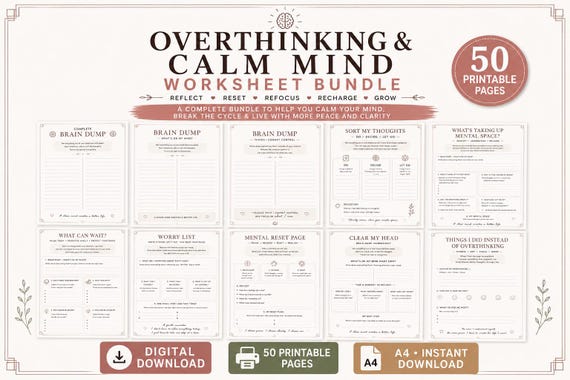 Overthinking Calm Mind Workbook Bundle | 50 Printable Worksheets (Digital Download)