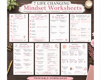 May include: A set of seven printable mindset worksheets featuring pink and black text on white paper. Titles include 7 Life Changing Mindset Worksheets, How to Turn Self-Doubt Into I Can Make This Happen, Negative Thoughts, What Will Make Me Happy, Action Plan, Momentum Up, Mindful, and Use Your Imagination.
