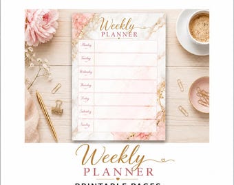 May include: A weekly planner printable page featuring a white and pink marble background with gold accents. The text reads Weekly PLANNER, followed by the days of the week from Monday to Sunday in a script font. The design includes gold lines.