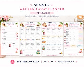 May include: A set of four printable summer weekend away planner sheets including a planner, packing checklist, itinerary, and budget planner. Each white page features pink and gold text, watercolor travel illustrations, and organized sections for planning.