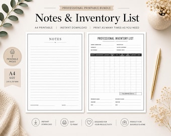 May include: A professional printable bundle featuring two A4 pages: a lined notes sheet and a professional inventory list with columns for item description, category, quantity, unit price, and total. The text includes Notes, Professional Inventory List, and A4 size 210 x 297 mm.