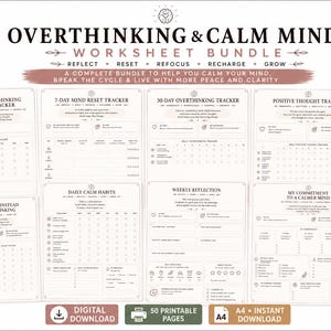 May include: A digital bundle of 50 printable worksheets titled Overthinking & Calm Mind Worksheet Bundle. The pages include trackers for habits, mind resets, positive thoughts, weekly reflections, and commitments to a calmer mind in A4 size.