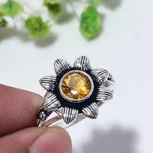 Citrine Ring,925 Sterling Silver Flower Ring,  Sunflower Statement Ring, Nature Inspired Handmade Jewelry, Gift for Her