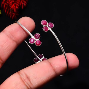 Pink Ruby Cuff Bangle, 925 Sterling Silver Multi Stone Bracelet, Floral Cluster Bypass Bangle, Adjustable Flower Jewelry, Gift for Her