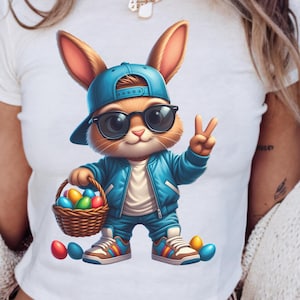 Hipster Easter Bunny PNG | Cool Bunny Sunglasses Blue Jacket Sublimation | Easter bunny kid design | Funny Cool Easter Bunny PNG