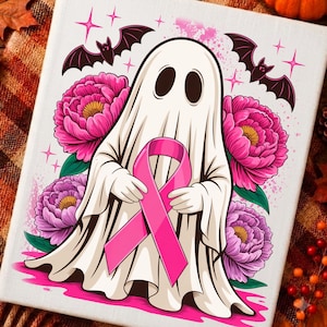 Puede incluir: Un lienzo rectangular que muestra un fantasma blanco sosteniendo un lazo rosa de concienciación. El fantasma está rodeado de grandes peonías rosas, dos murciélagos negros y pequeñas estrellas rosas. El diseño está sobre un fondo blanco.