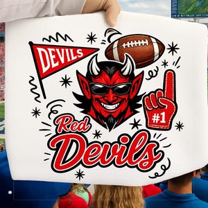 Red Devils PNG, Red Devils Team PNG, Football masctos Red Devil trendy PNG, Team Spirit Red Devils design, Game Day Red evils shirt Png
