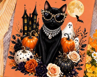 Black Cat Halloween PNG, Spooky Black Cat PNG, Halloween Cat PNG, Halloween Pumpkin black cat design, Leopard Glasses black cat Png