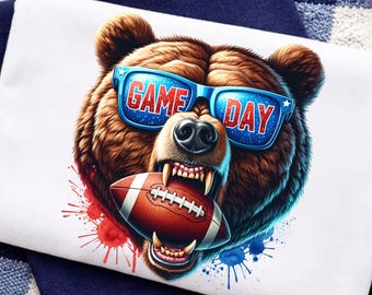 Game Day Bear PNG Sublimation Design, Football Bear with Sunglasses Clipart, Football Mascot PNG, Sports Merch Graphic, Commercial Use