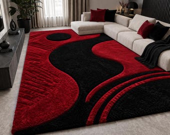 Tapete abstrato grande em vermelho e preto para casa moderna, tapete felpudo aconchegante feito à mão, presente de boas-vindas, tapete de designer texturizado de alta densidade.