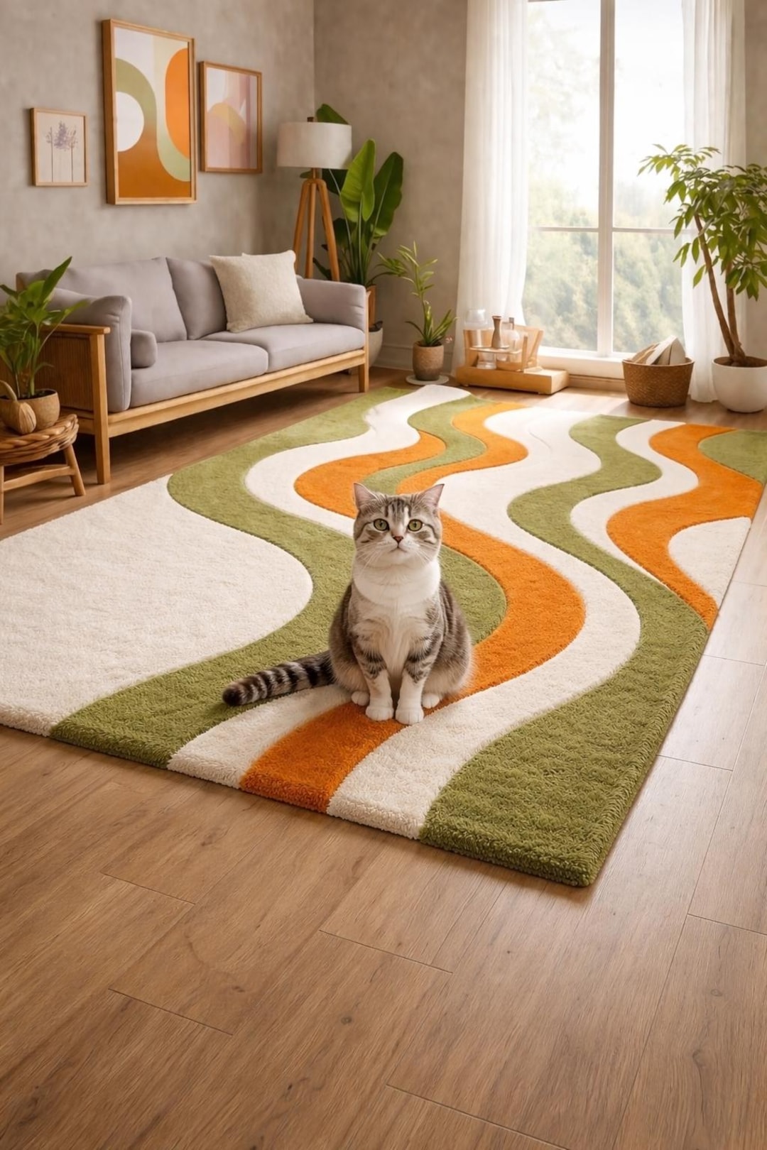 70s Retro Wavy Rug, Green Orange Cream Abstract Carpet, Mid Century ...