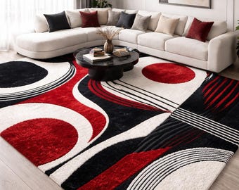 Tapete tufado feito à mão - Tapete abstrato moderno de meados do século - Tapete grande vermelho, preto e branco de 3,65 x 4,57 m - Tapete estético com design ondulado para sala de estar