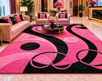 Tapete de área com espiral rosa felpuda – Tapete grande feito à mão com tufos abstratos, tapete de lã marcante para decoração de sala de estar e quarto.