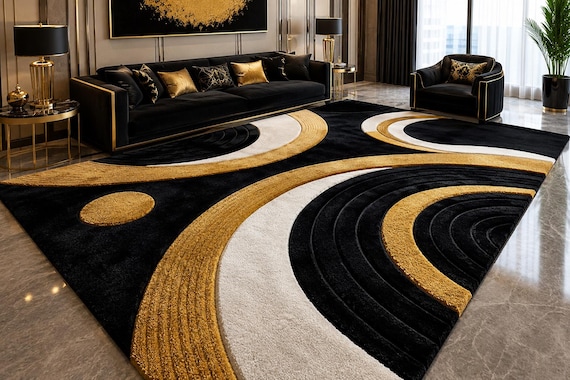 Luxury Black and Gold Tufted Area Rug, Modern 3D Geometric Concentric Circles Wave Pattern Carpet, High Quality Large Living Room Accent Rug