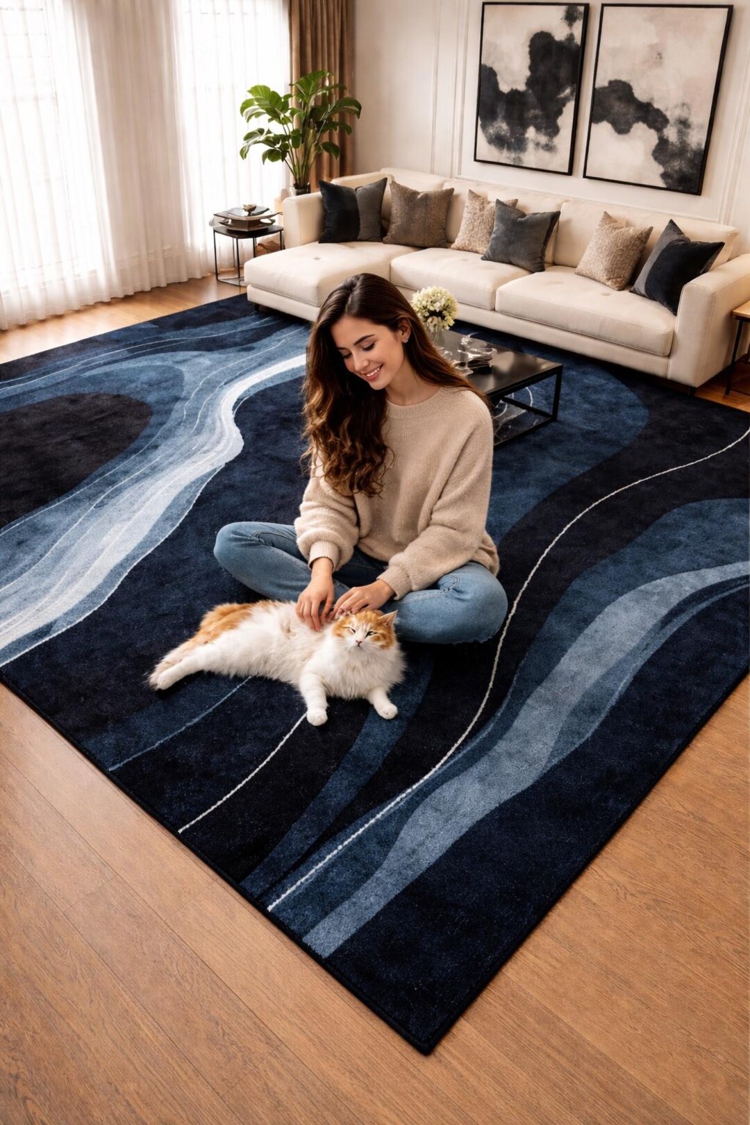Navy Blue Abstract Area Rug - Modern Hand Tufted Wool Carpet - Dark ...