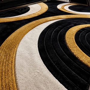 Pode incluir: Um tapete grande com um padr&atilde;o geom&eacute;trico arrojado de c&iacute;rculos conc&ecirc;ntricos em preto, branco e dourado. O design consiste em faixas espessas e texturizadas de alturas variadas que criam um efeito tridimensional na superf&iacute;cie.
