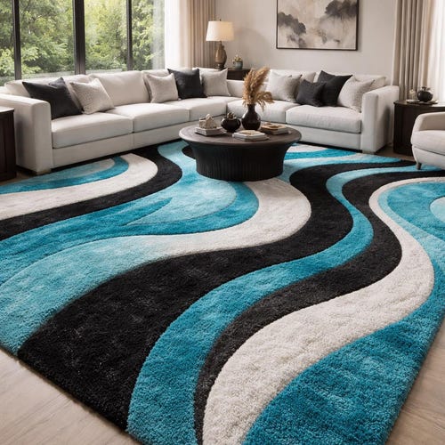 Modern Abstract Wavy Area Rug in Teal, Black & White – Plush Shag Carpet for Contemporary Living Room, Large Statement Home Decor