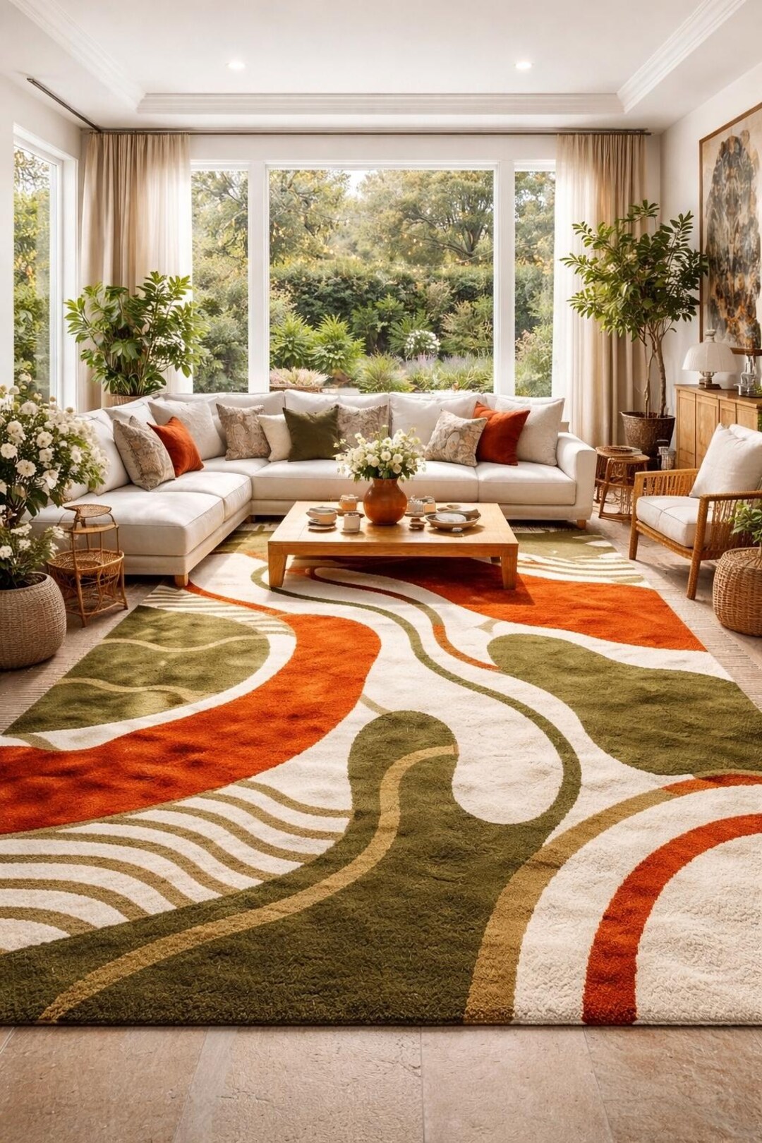 70s Retro Wavy Rug, Earth Tone Abstract Area Rug, Groovy Moss Green ...