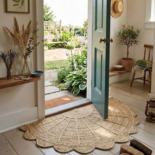 Handmade Half Moon Jute Rug – Natural Braided Scalloped Entryway Rug | Boho Farmhouse Door Mat