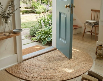 Alfombra de yute semicircular hecha a mano – Alfombra semicircular trenzada natural para la entrada, decoración de estilo rústico bohemio para el hogar.