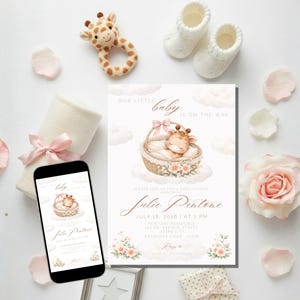 Invitation Baby Shower Girafe Nuages - Giraffe Clouds Baby Shower Invitation Neutral Boho - Canva Editable - Printable PDF Instant Download