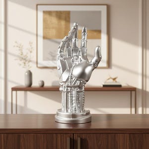Könnte beinhalten: Eine silberfarbene Roboterhand-Skulptur mit aufwendigen mechanischen Details. Die Hand ist in einer offenen Geste dargestellt und zeigt die beweglichen Finger und die Handfläche. Die Skulptur ist auf einem kreisförmigen Sockel montiert, was auf einen dekorativen oder künstlerischen Zweck hindeutet.