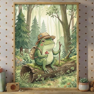 Kikker kwekerij kunst afdrukbare kikker kwekerij kunst aan de muur avontuur kikker print kikker rugzak decor kraamcadeau genderneutraal kikker kunst boho kunst