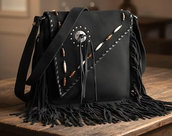 Western Fringed Leather Crossbody Bag, Custom Suede Shoulder Purse, Hand Stitched Boho Messenger,