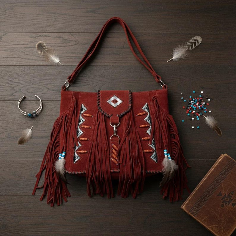 May include: A rust-colored suede shoulder bag with long fringe and decorative beading. The bag features a flap with a geometric design and a long strap. A silver bracelet with turquoise stones and feathers are nearby.
