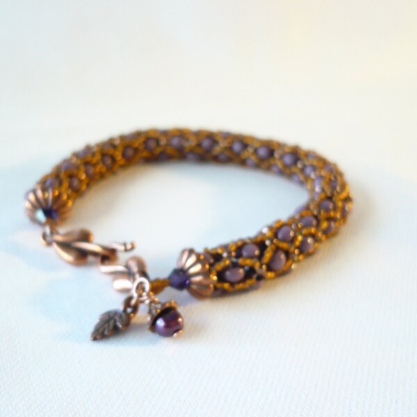 Lavender, Antiqued Copper Bead Woven Bracelet with Leaf and Pearl Acorn Charms