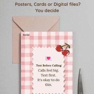 May include: A pink and white gingham card with text that reads "Text Before Calling. Calls feel big. Text first. It's okay to do this." A pair of pink and white scissors and a pink envelope are also in the image.