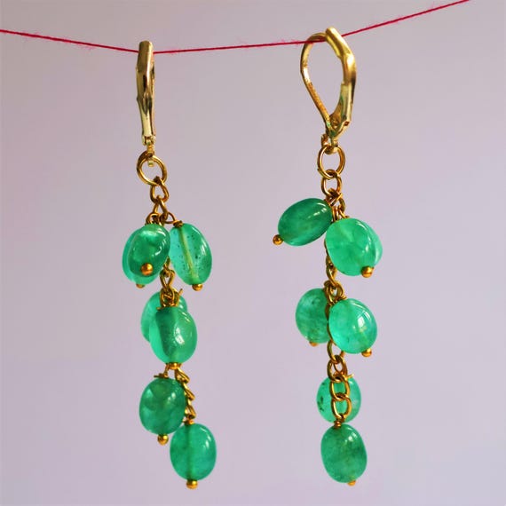 Smooth Emerald small tumble cluster earrings for women, 925 Sterling silver earrings, AAA Emerald earrings, Handmade earrings, Gift for her.