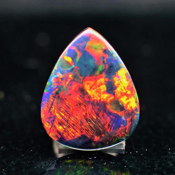 Natural Black Ethiopian Opal Cabochon, Pear Shape, 12.85 Carat, Rainbow Fire Gemstone