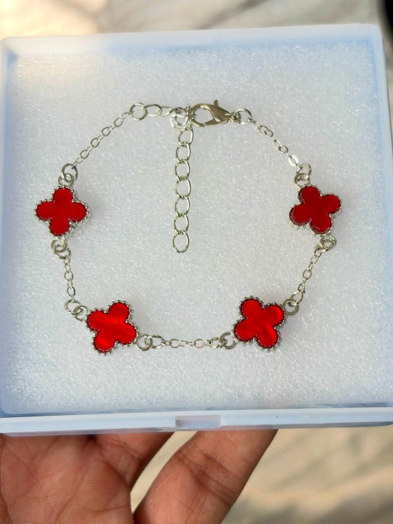 Handmade Red Clover Flower Bracelet, Silver Plated Four Leaf Clover Jewelry, Bold Red Luck Charm Bracelet, Dainty Minimalist Gift for Women